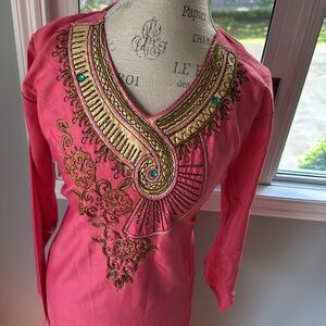 Moroccan pink embroidered appliqué long sleeved long maxi kaftan kimono M/L